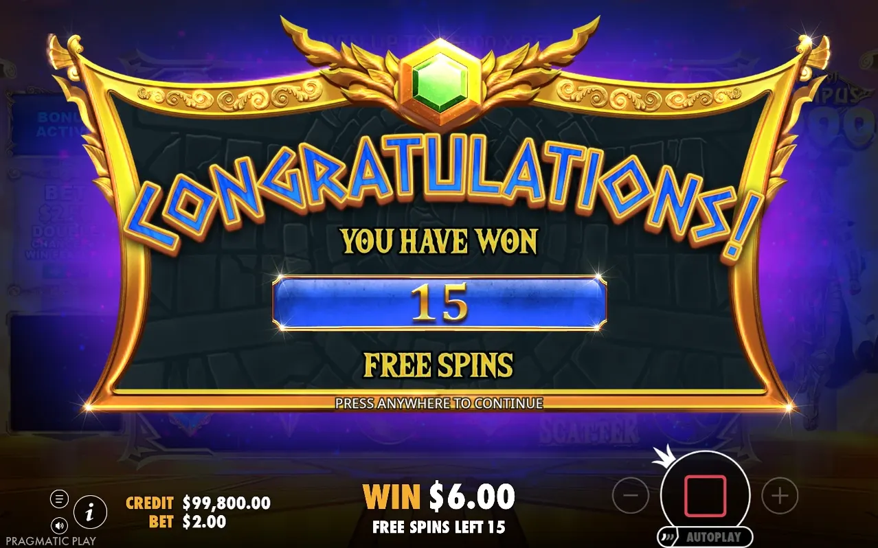 Banner CONGRATULATIONS cu 15 rotiri gratuite câștigate, câștig 6,00$, credit 99.800,00$, pariu 2,00$.