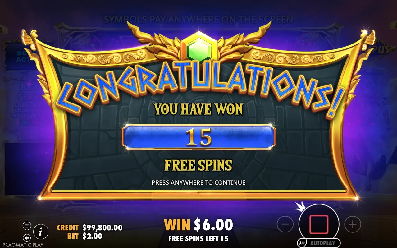 Banner CONGRATULATIONS anunță câștigarea a 15 free spins, câștig $6.00, pariu $2.00, 15 spins rămase