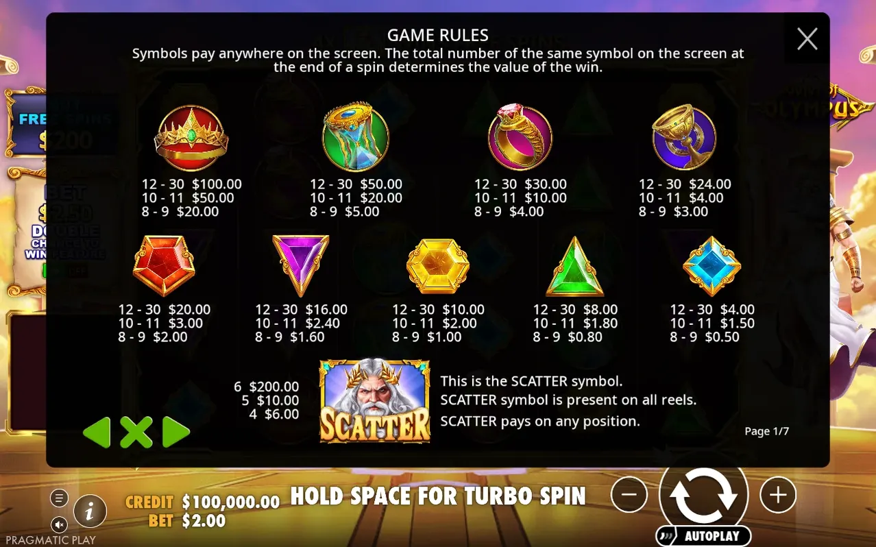Fereastra Game Rules listează plățile pentru coroană, clepsidră, inel, cupă, pietre și scatter, pagina 1/7
