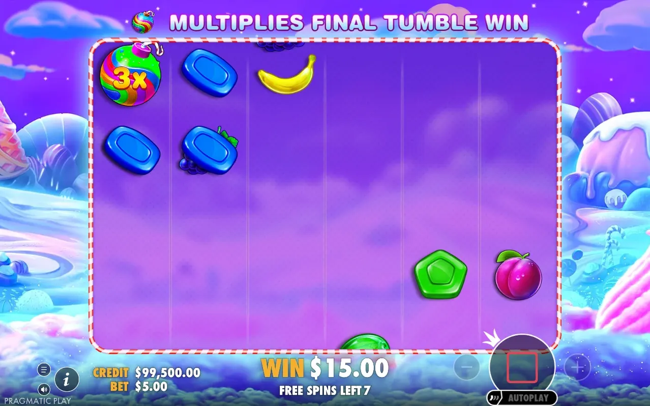 Bomba rainbow cu multiplicator 3x apare pe grilă violet, WIN $15.00, mai rămân 7 rotiri gratuite.